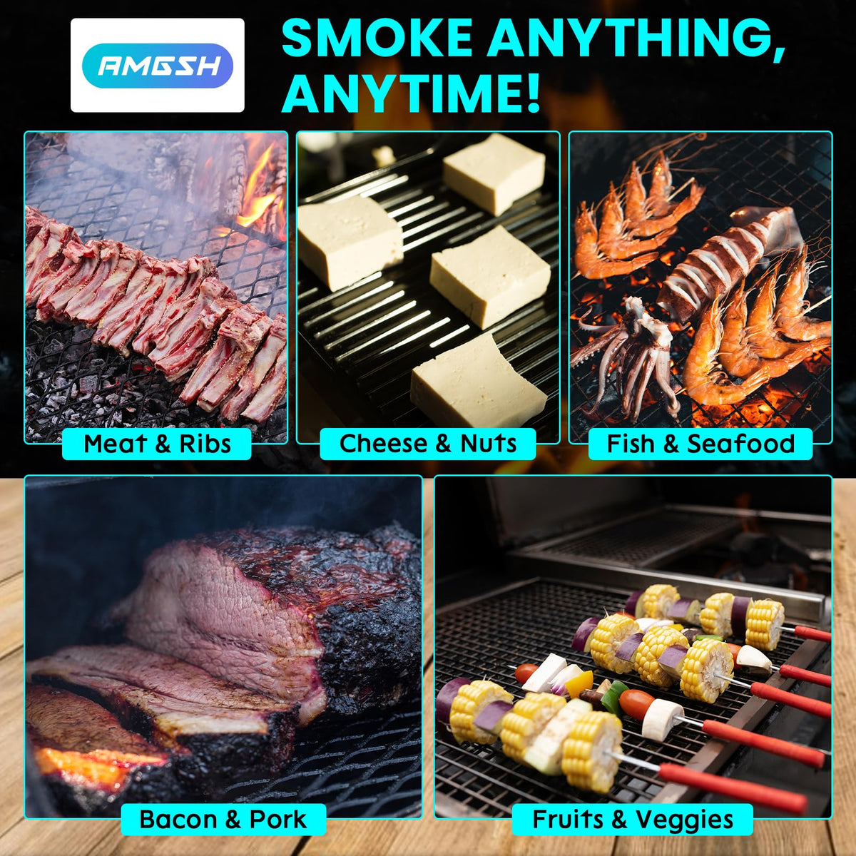 AMGSH compatible with apple, hickory, cherry, and oak woods for varied flavors.