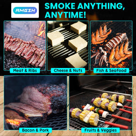 AMGSH compatible with apple, hickory, cherry, and oak woods for varied flavors.