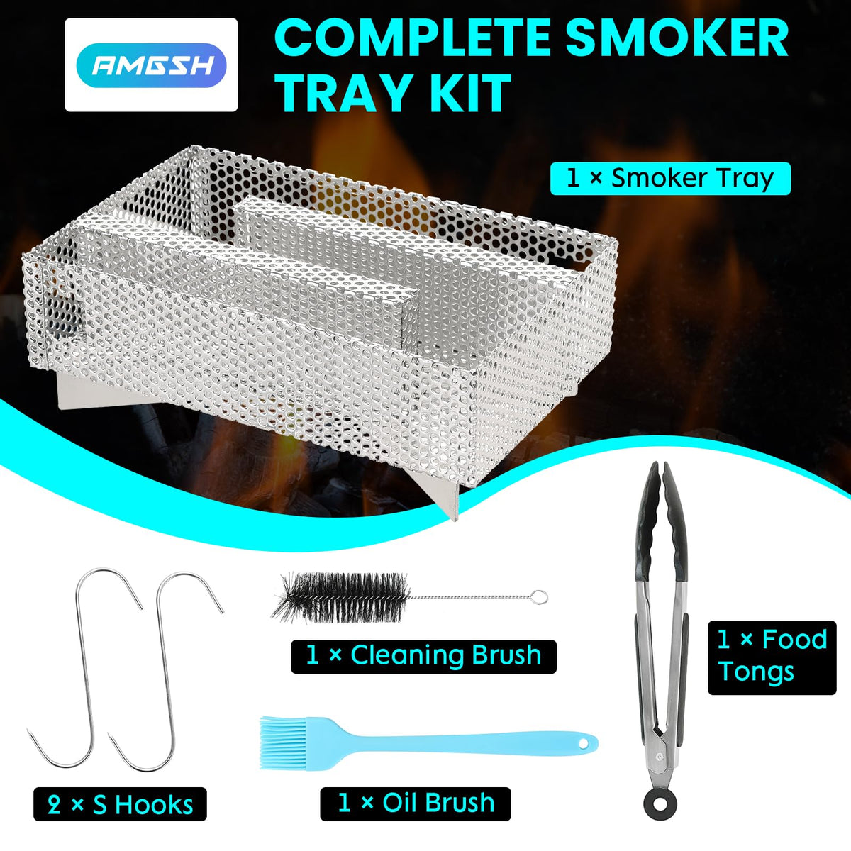 AMGSH smoker kit included with tongs, brushes, and hooks for easy setup.