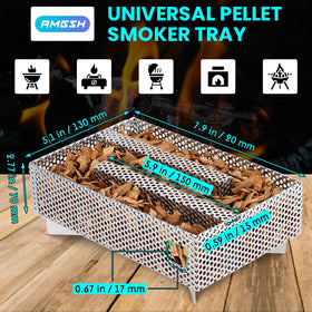 AMGSH stainless steel smoker tray close-up highlights holes for steady smoke flow.