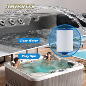 AmiBron easy-maintenance spa filter in-hand demonstrates quick wash.