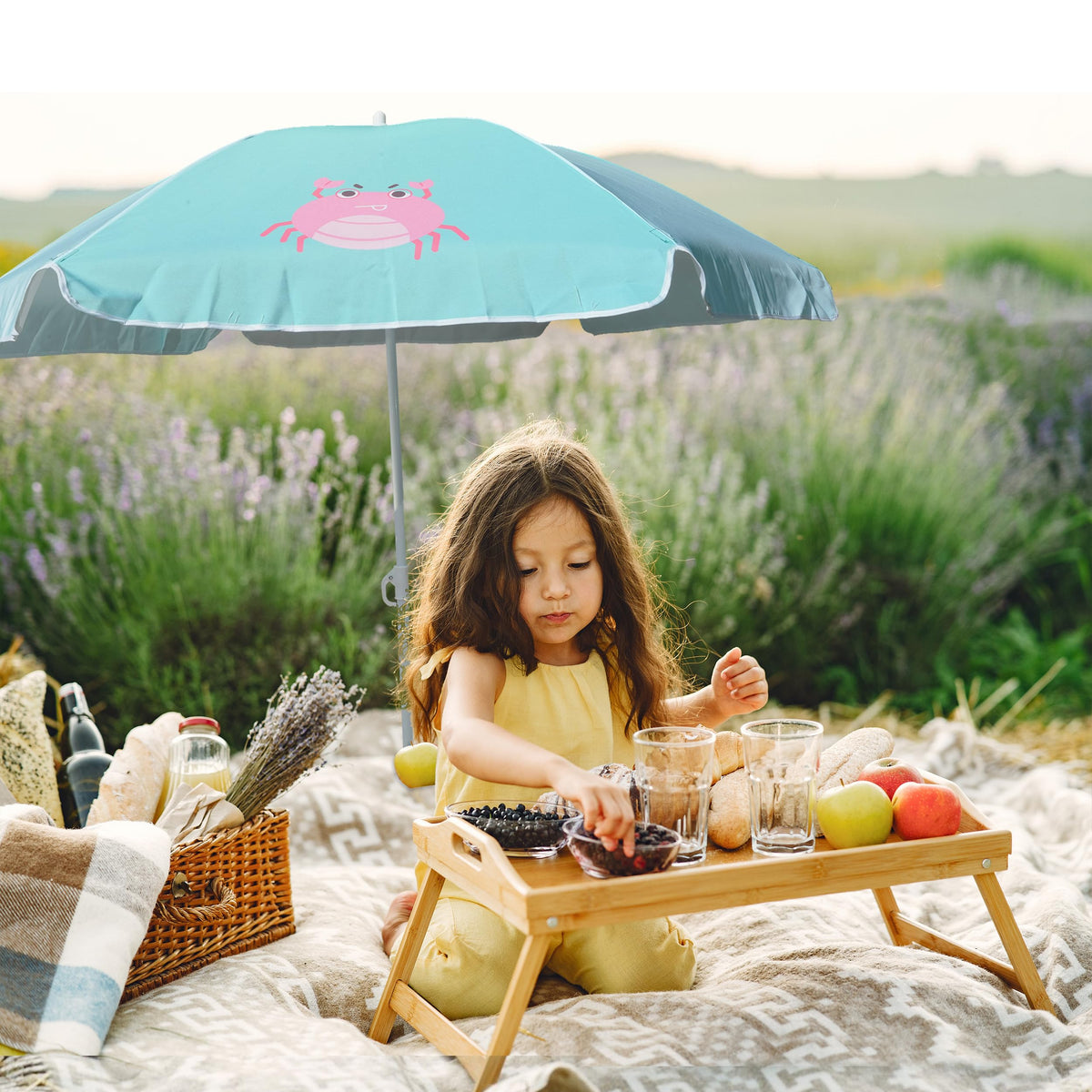 AMMSUN seaside umbrella shown on beach scene highlights quick setup and portability.