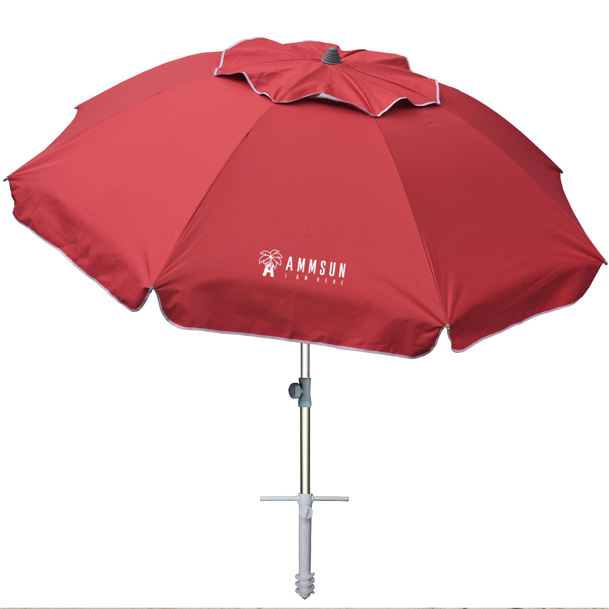 AMMSUN 7ft beach umbrella with sand anchor for stable shade on sand.