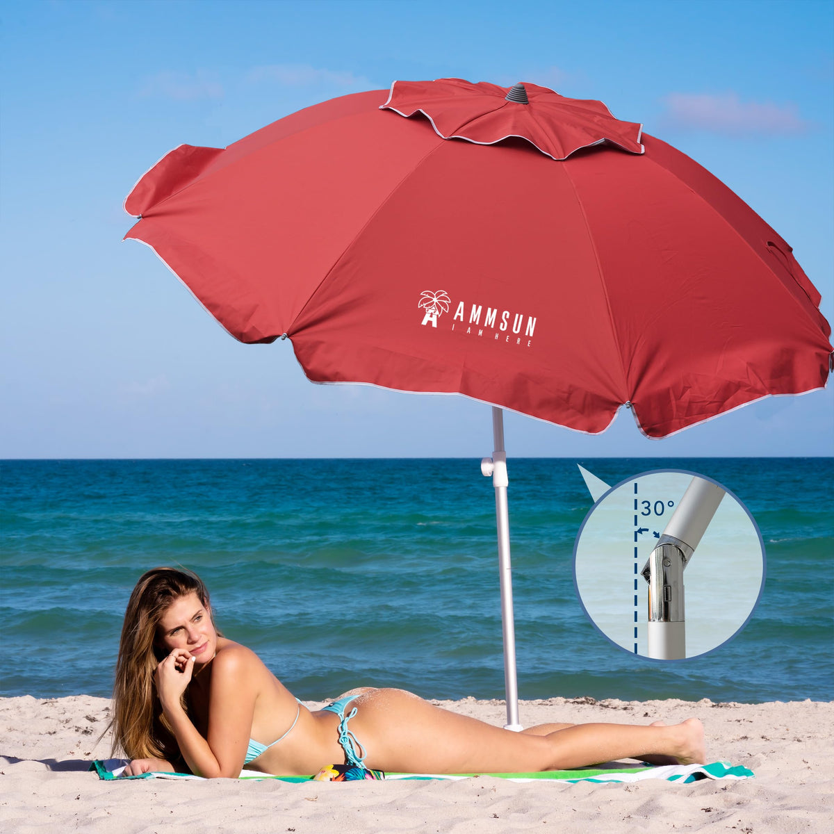 AMMSUN 7ft beach umbrella tilt mechanism enables easy shade control.