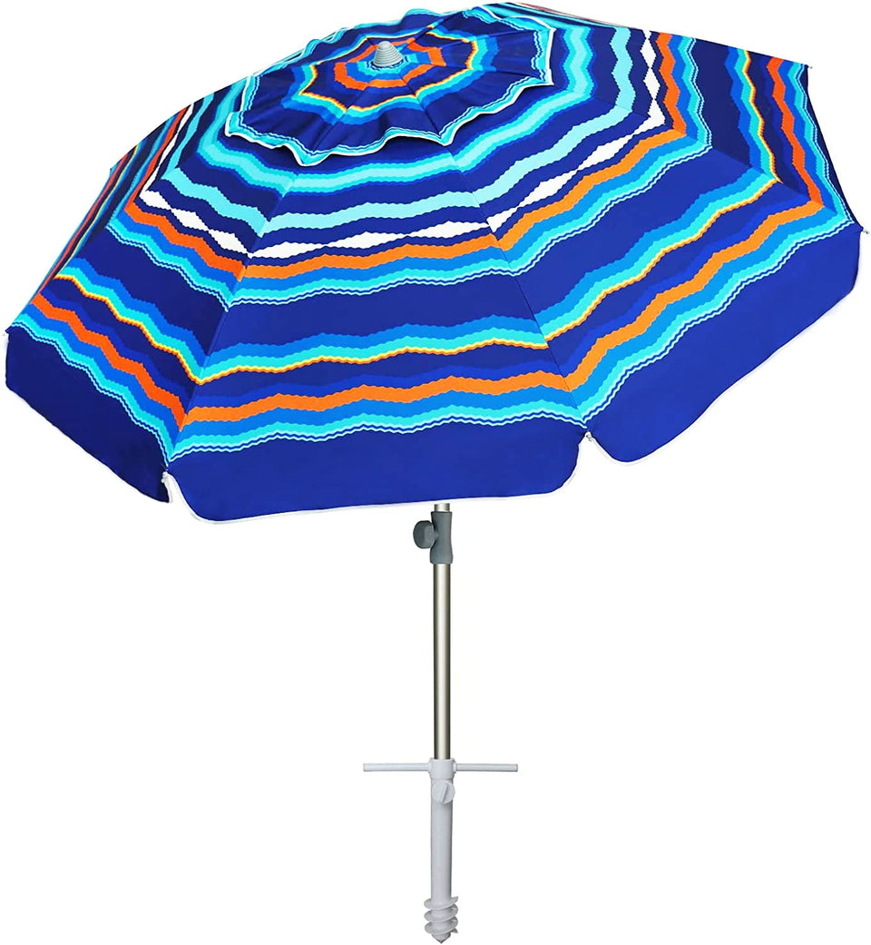 AMMSUN 7ft sand-anchor umbrella provides stable shade on sandy beaches.