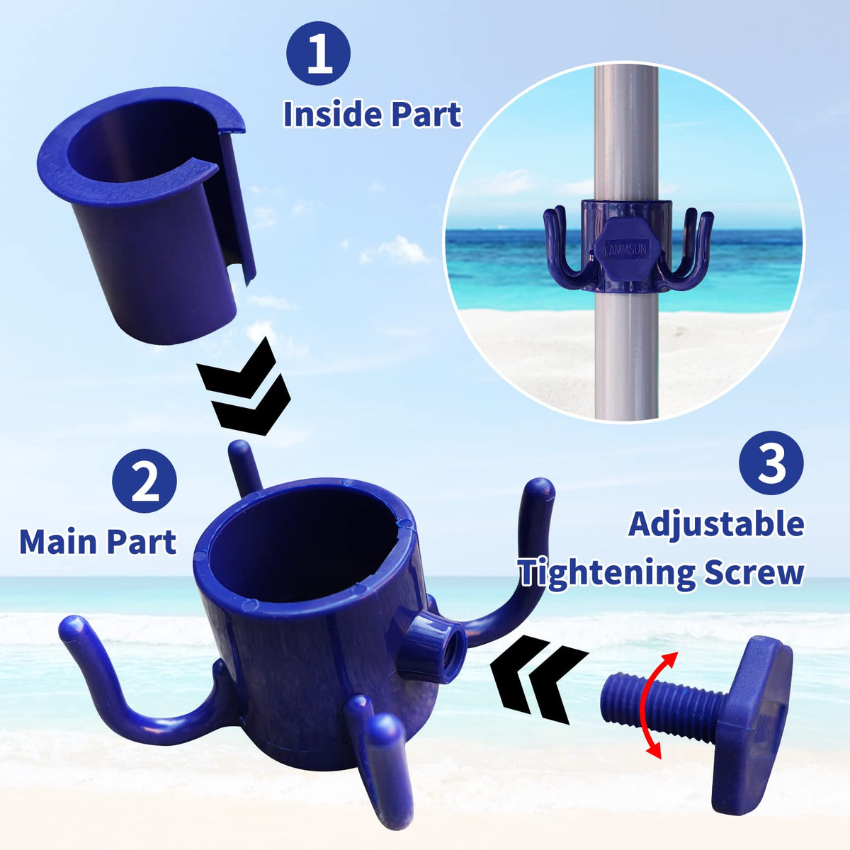 AMMSUN umbrella hook holds hats and bags, reducing beach clutter.