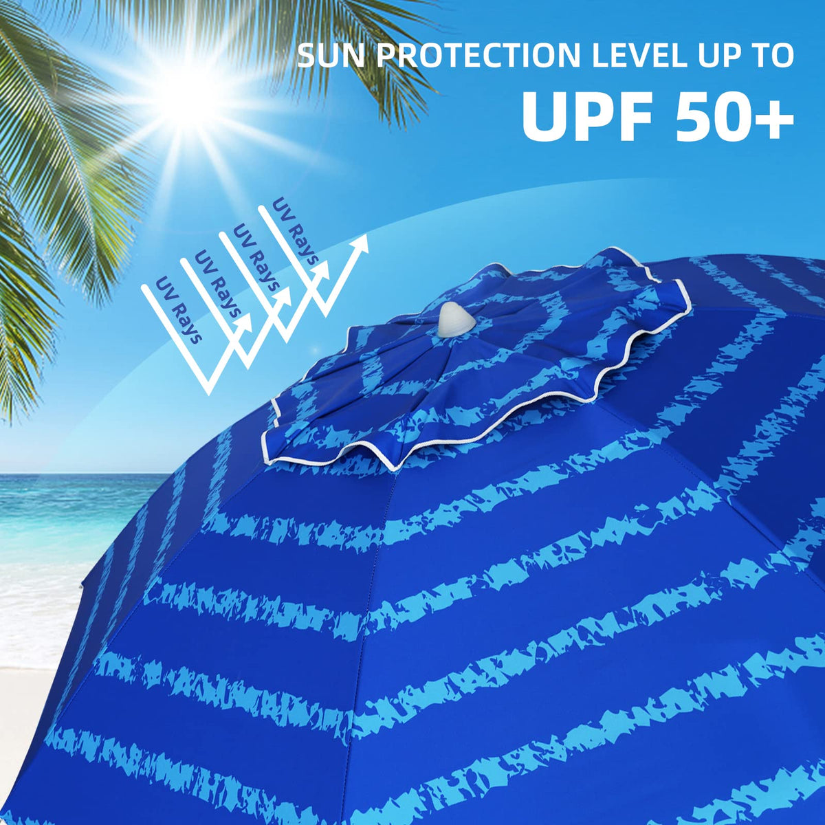 AMMSUN beach umbrella with silver interior coating for UPF50+ protection.