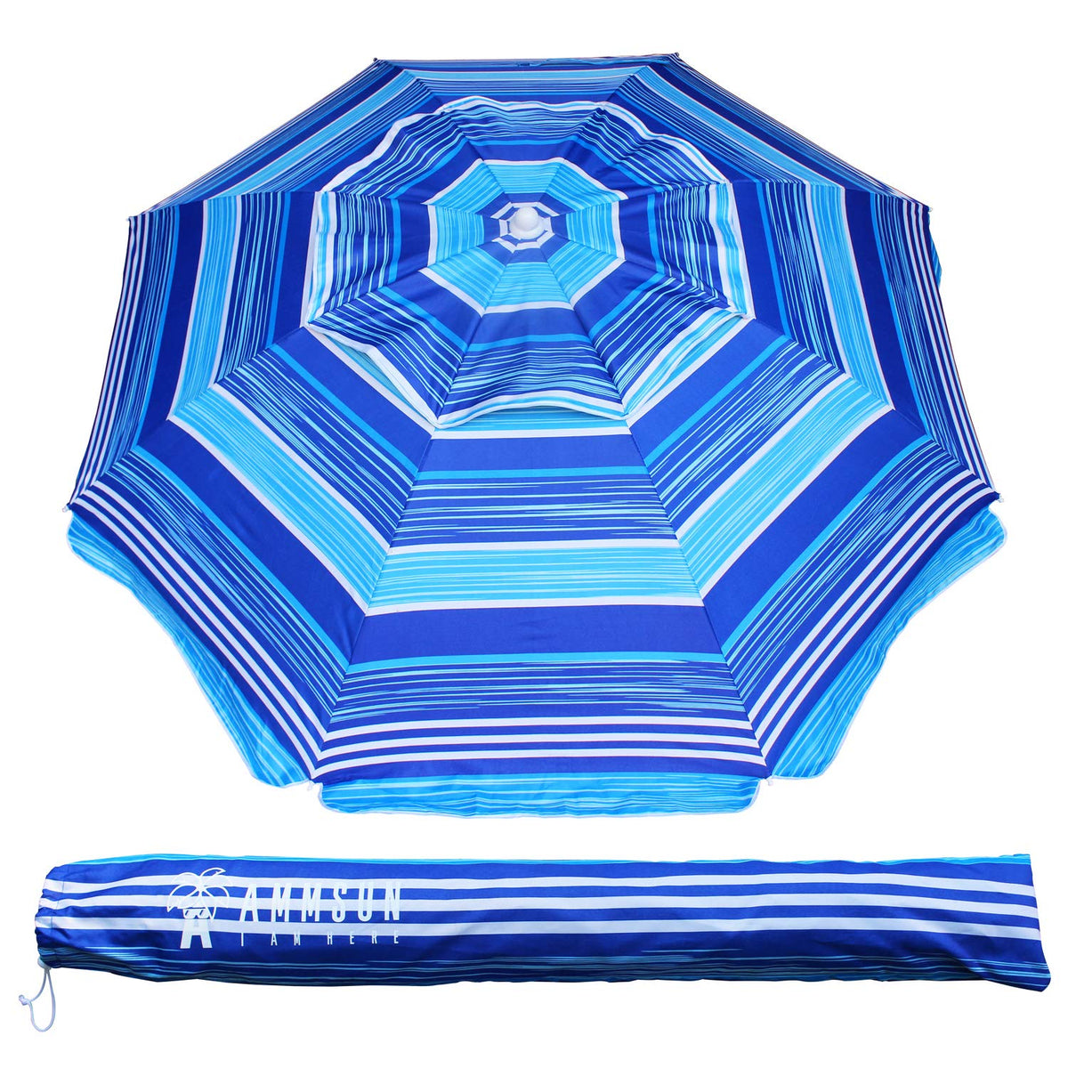 AMMSUN heavy-duty beach umbrella with tilt design provides adjustable shade on sunny beaches.