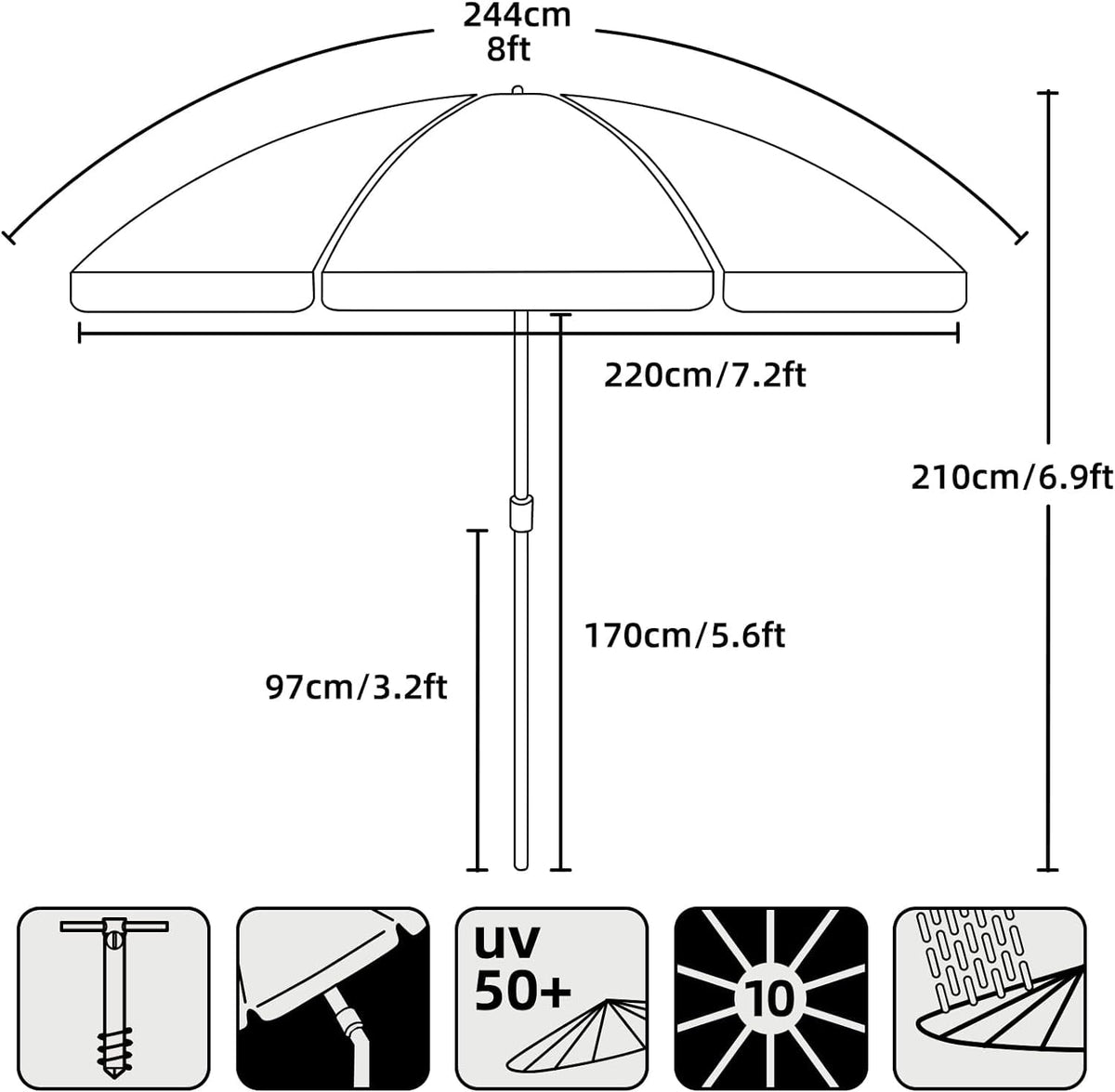 AMMSUN navy stripes umbrella shown in poolside setting for stylish shade