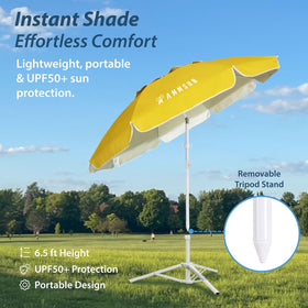 AMMSUN shade umbrella height adjustment supports standing or sitting under shade.