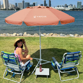 AMMSUN Shade Umbrella with stand demonstrates sturdy steel base for stable park setups.