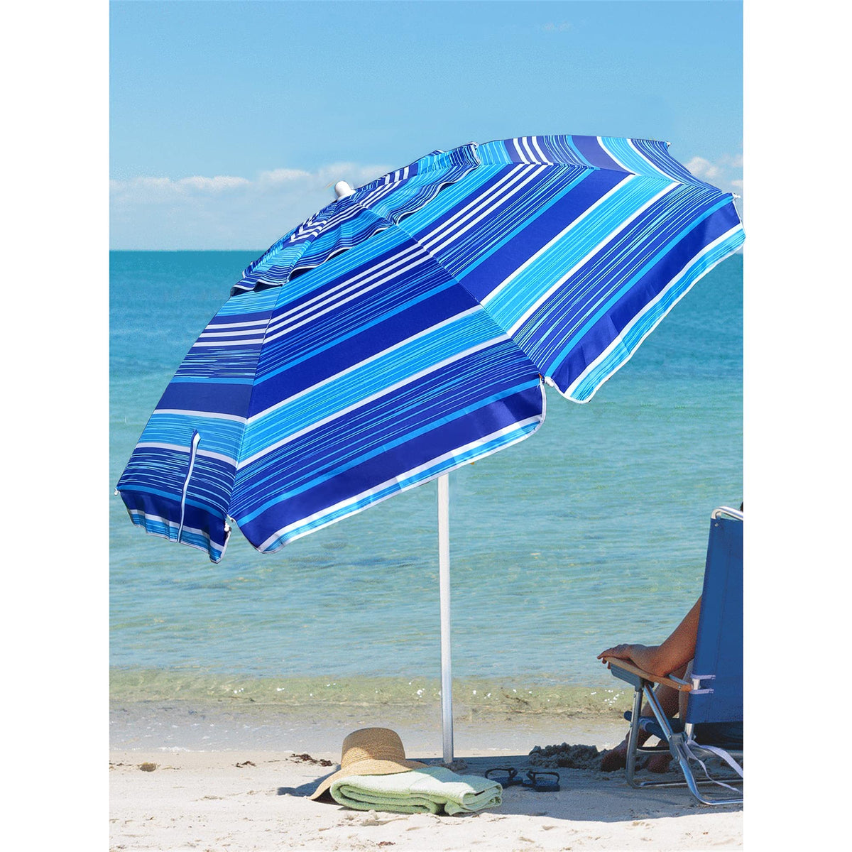AMMSUN stripe blue umbrella offers shade by the pool or on the sand.