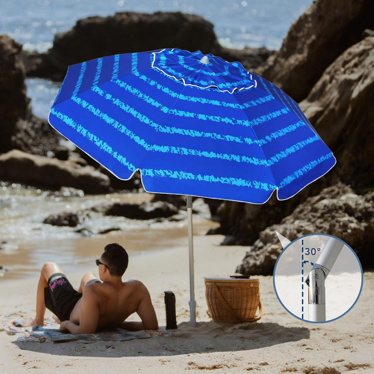 AMMSUN beach umbrella vent tilt mechanism for easy wind-safe shade adjustment.