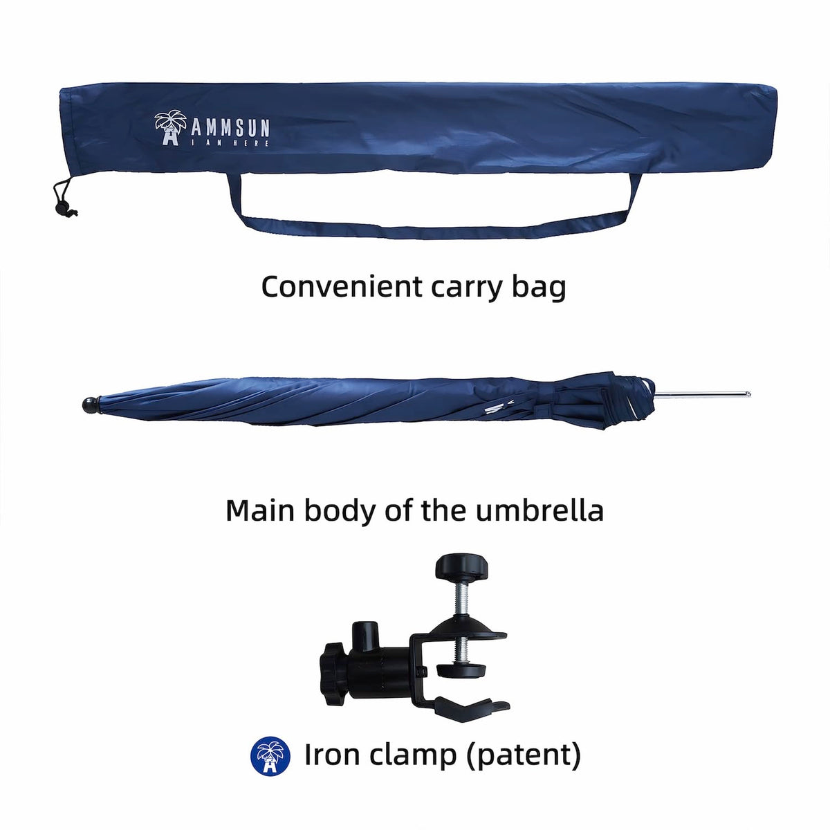 AMMSUN XL Chair Umbrella clamps to various surfaces up to 1.38 inches.