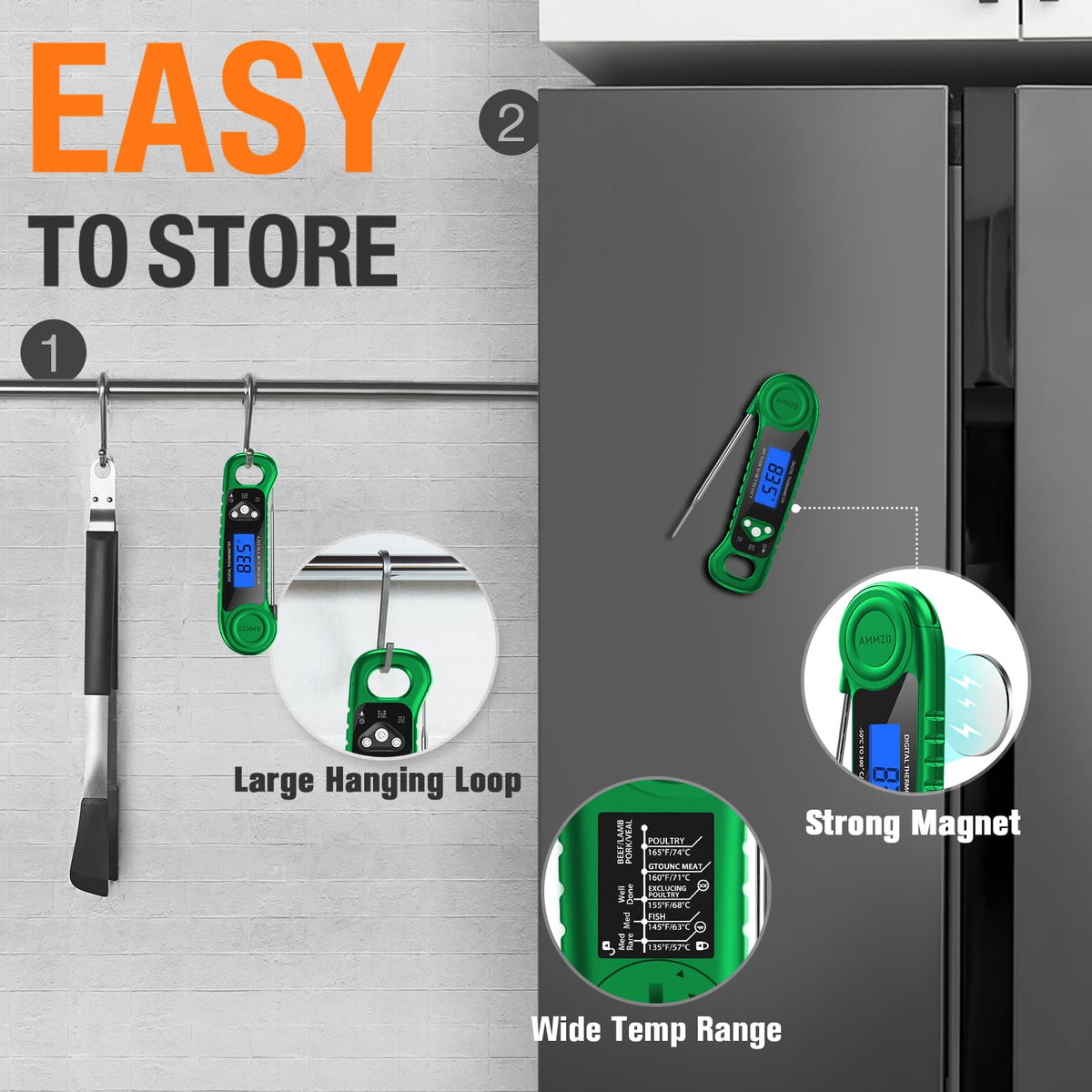 AMMZO digital meat thermometer batteries included for immediate use