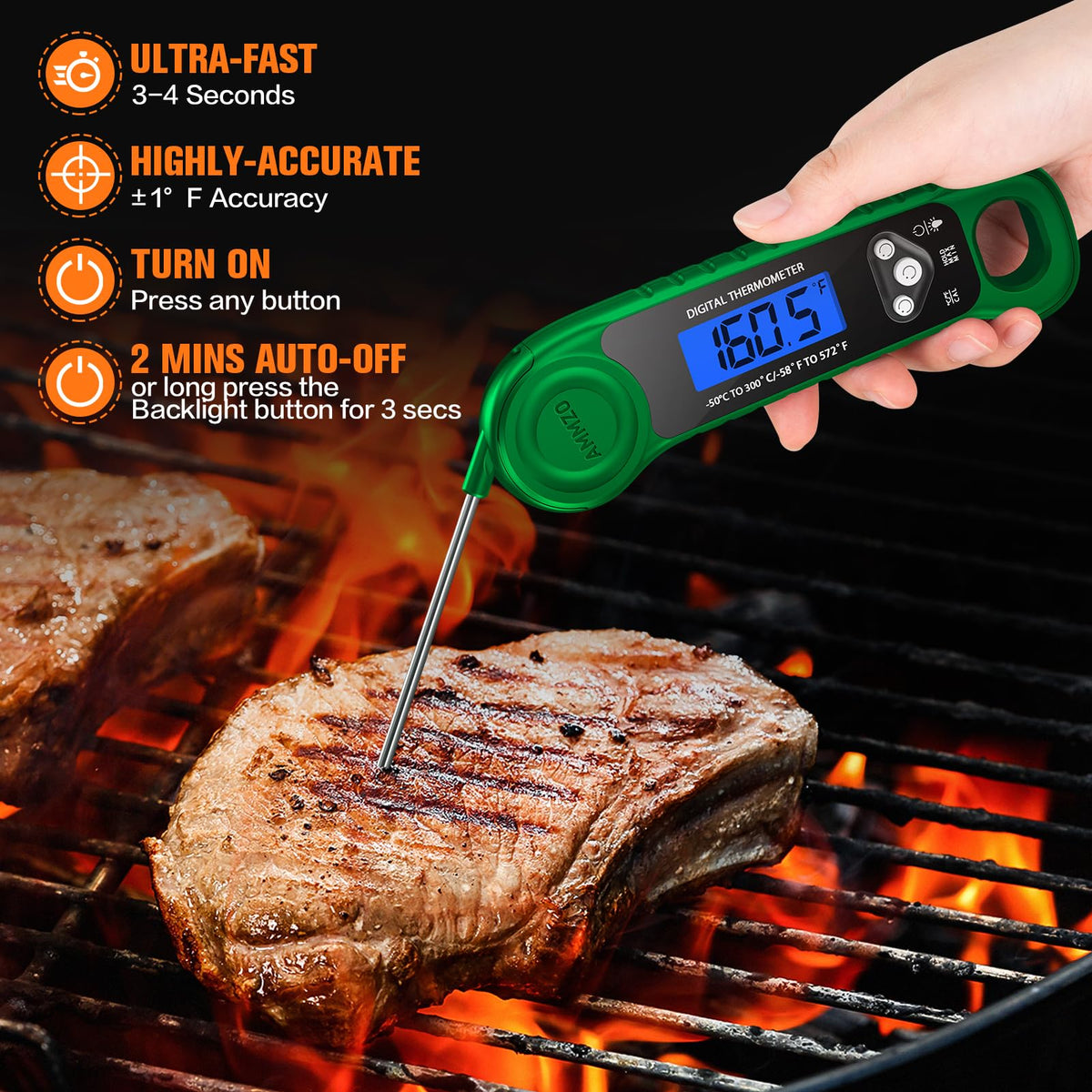 AMMZO digital meat thermometer IP67 waterproof for safe cleaning under water