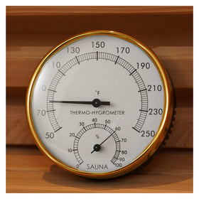 Amocane wall-mount sauna meter for quick readings opposite the heater.