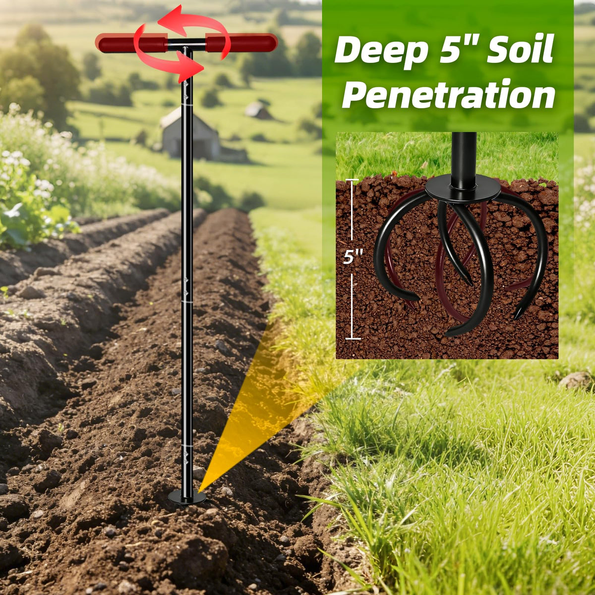 Amorest Heavy Duty Hand Tiller side view, long handle for upright gardening