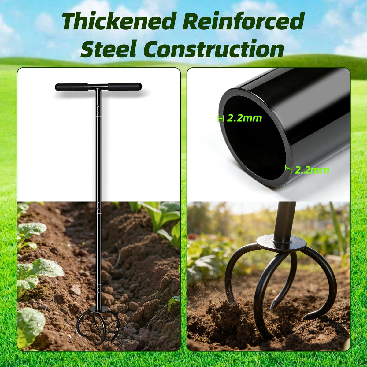 Amorest Heavy Duty Hand Tiller tine close-up, sharp curved tines in action