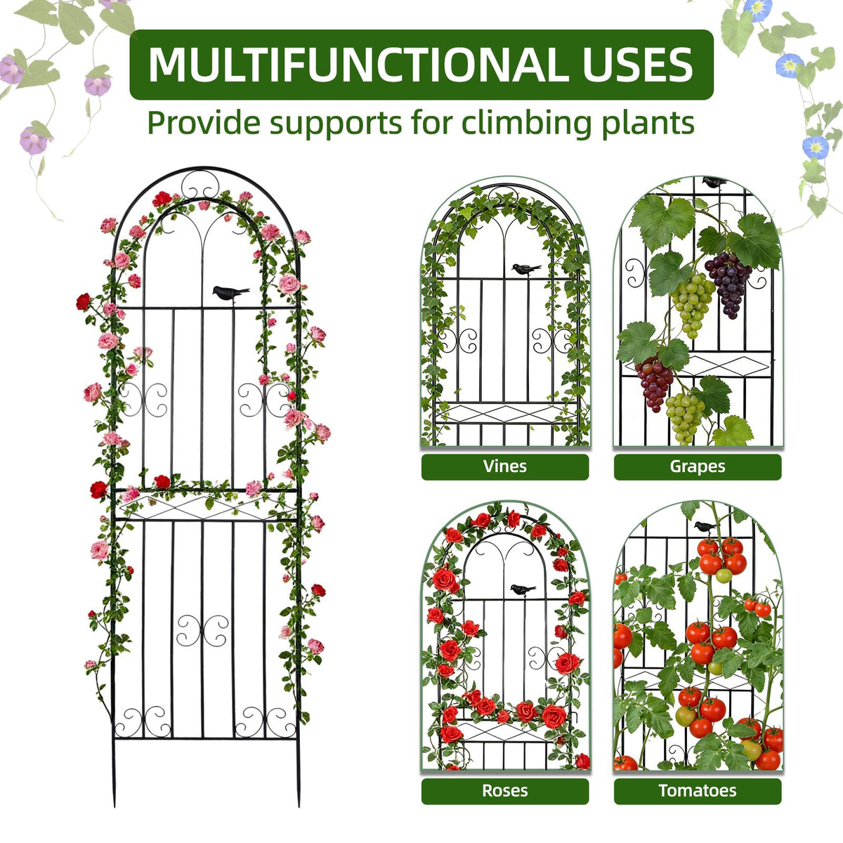 Amoskey trellis supports vines and roses in a lush garden setting.