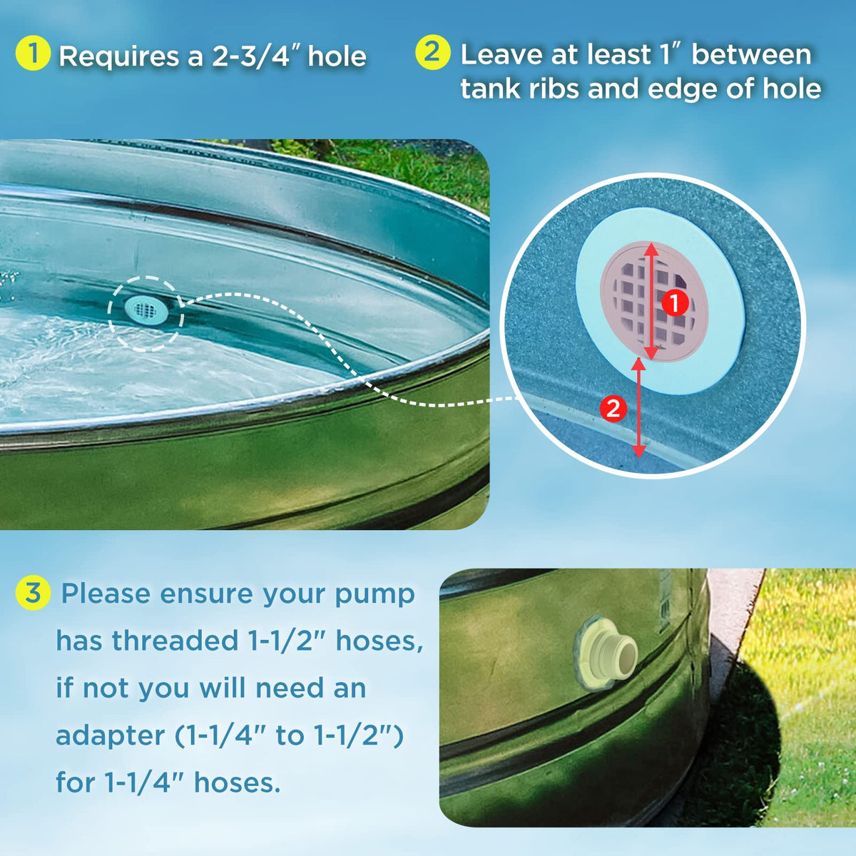 Amptyhub installation of inlet strainer on stock tank pool setup