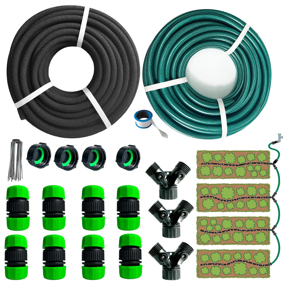 AMRITA Soaker Hose 60ft setup illustrates easy irrigation across a bed