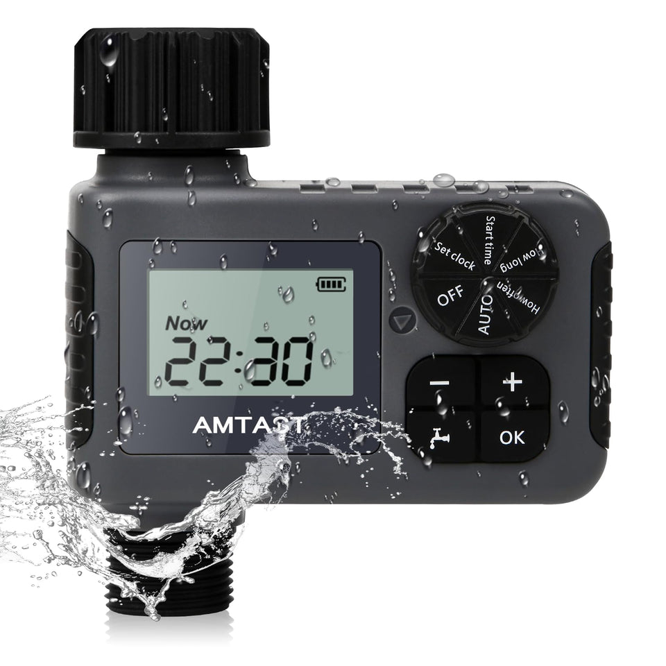 AMTAST Sprinkler Timer dial-setup shows clear scheduling for reliable irrigation.