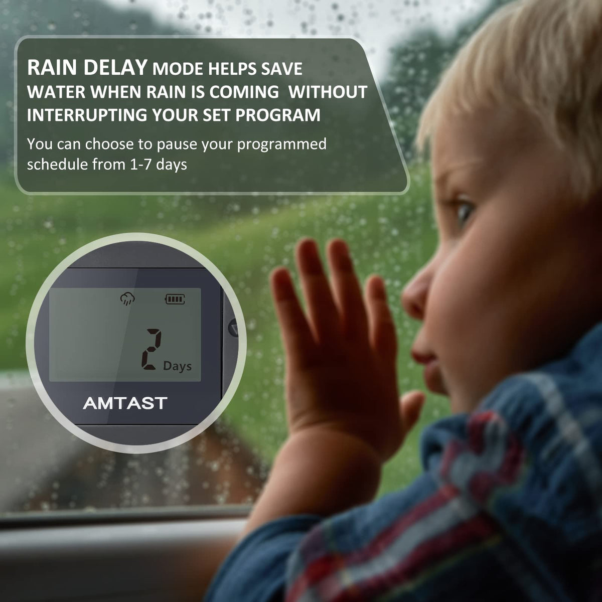 AMTAST Sprinkler Timer digital-program provides flexible run times and intervals.