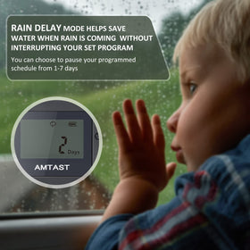 AMTAST Sprinkler Timer digital-program provides flexible run times and intervals.