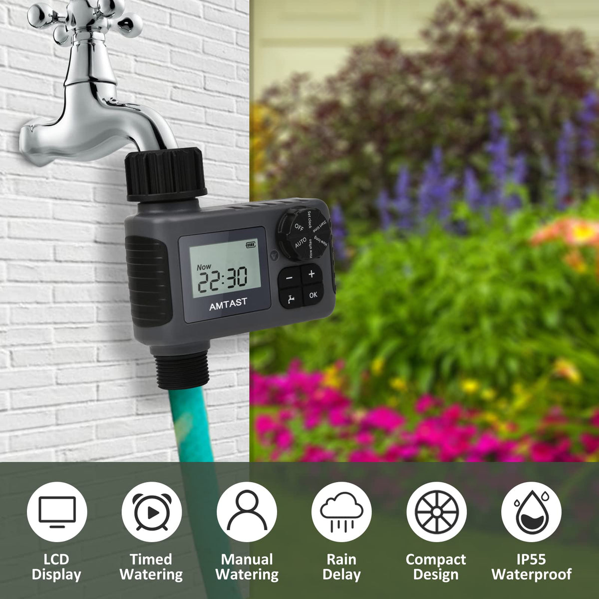 AMTAST Sprinkler Timer ip55-waterproof resists outdoor exposure for long-term use.