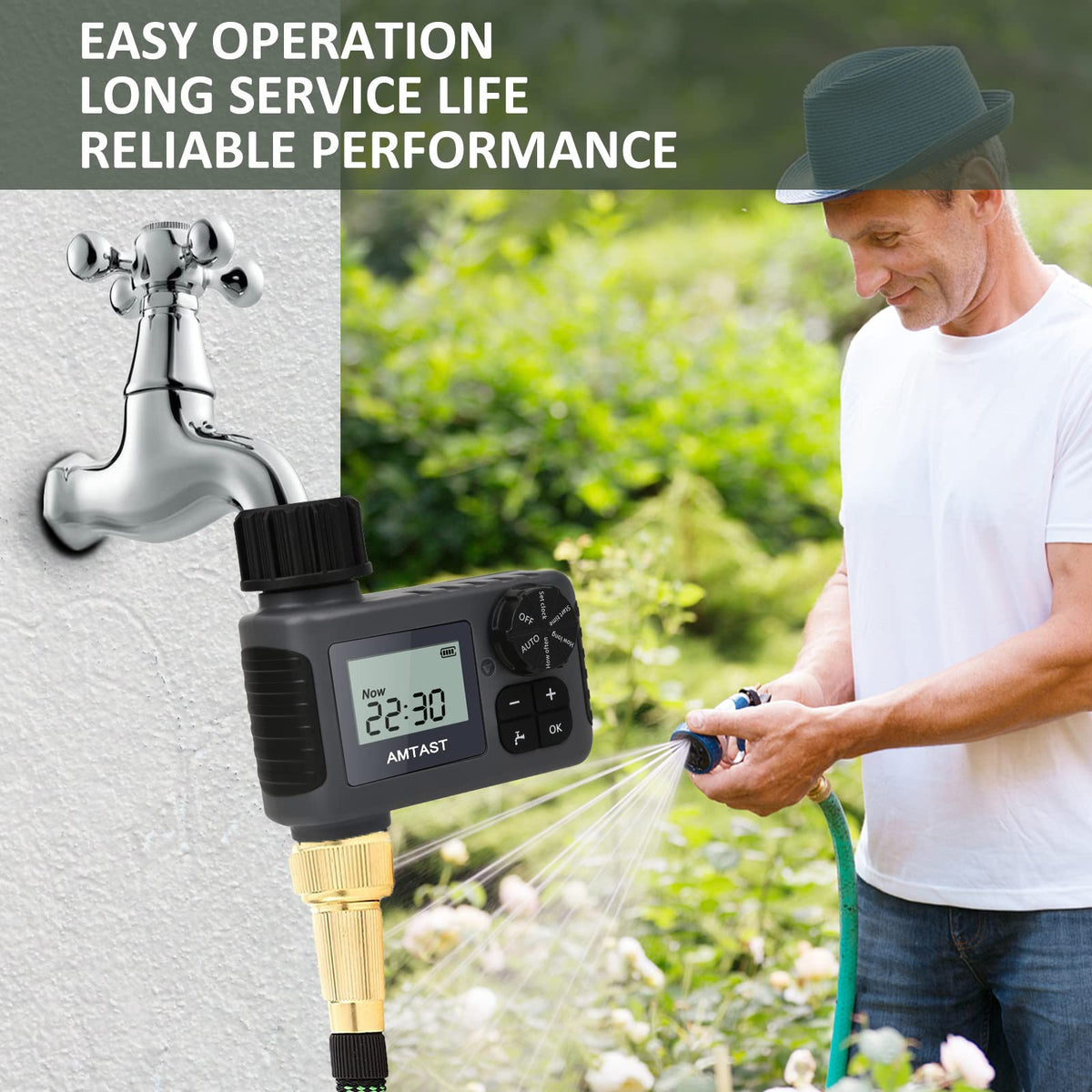 AMTAST Sprinkler Timer manual-mode enables quick irrigation without altering schedules.