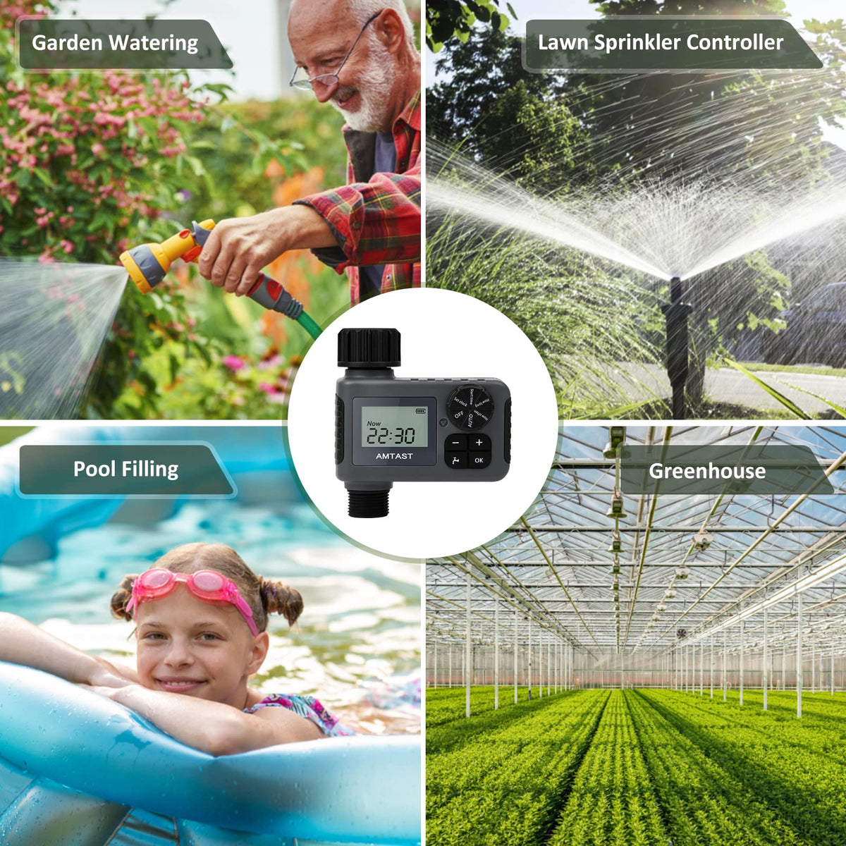 AMTAST Sprinkler Timer universal-thread fits common hoses, easy installation.
