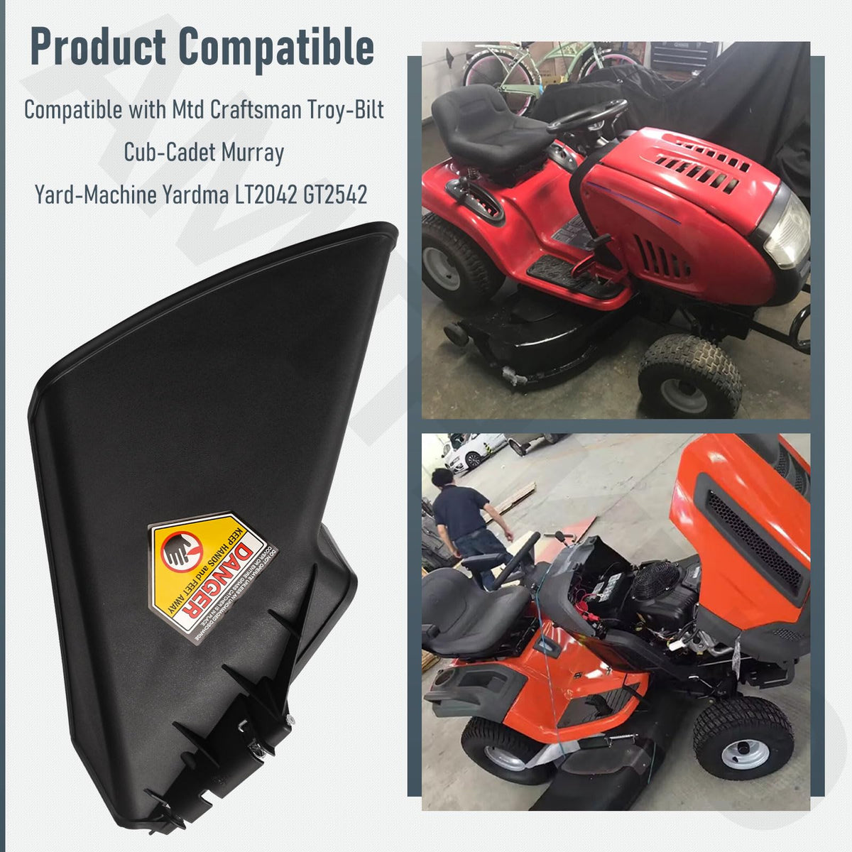 AMTHKNO deflector shown with Cub Cadet tractors for reliable attachment