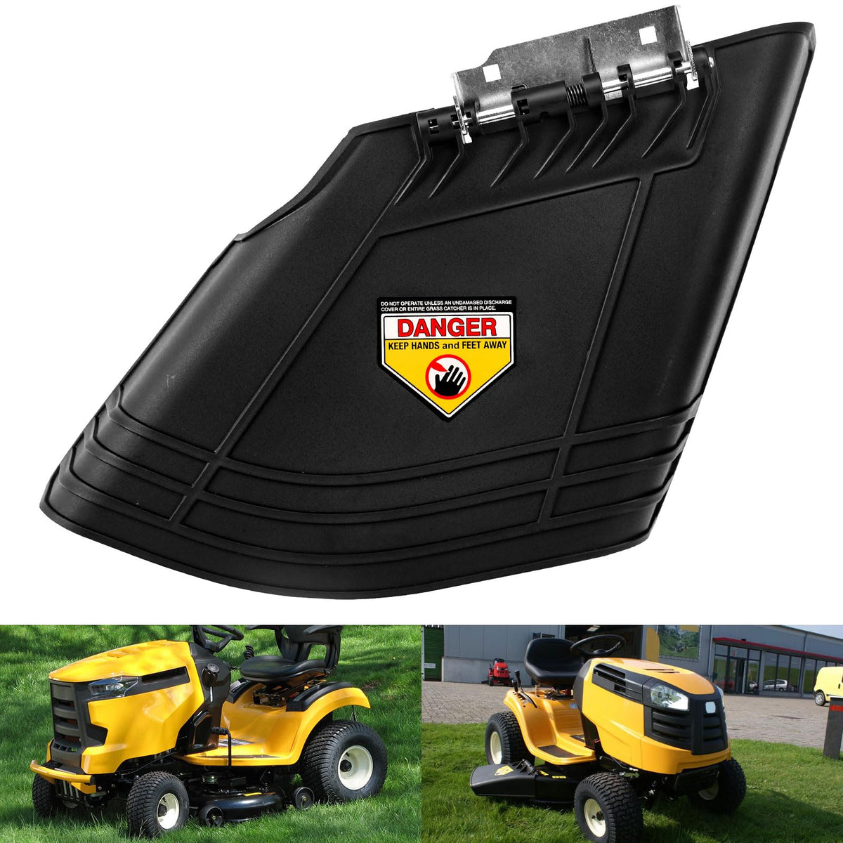 AMTHKNO discharge chute assembly close-up showing compatibility with multiple mowers