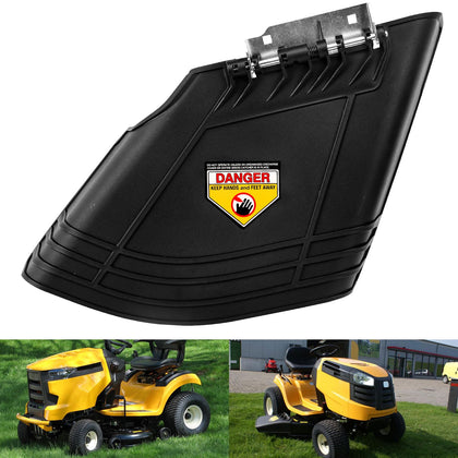 AMTHKNO discharge chute assembly close-up showing compatibility with multiple mowers