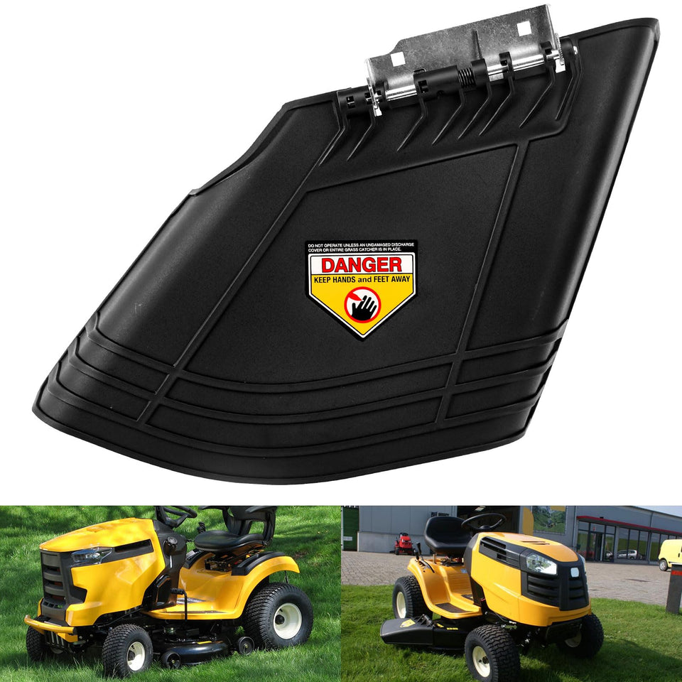 AMTHKNO discharge chute assembly close-up showing compatibility with multiple mowers