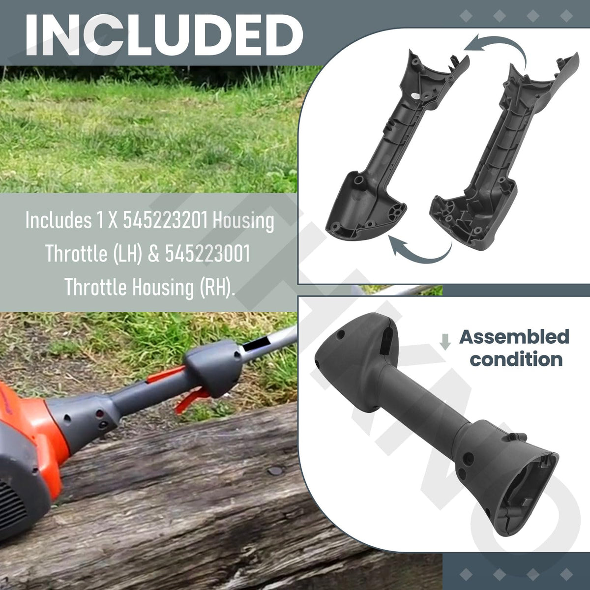 AMTHKNO image highlights Husqvarna compatibility with this throttle housing kit.