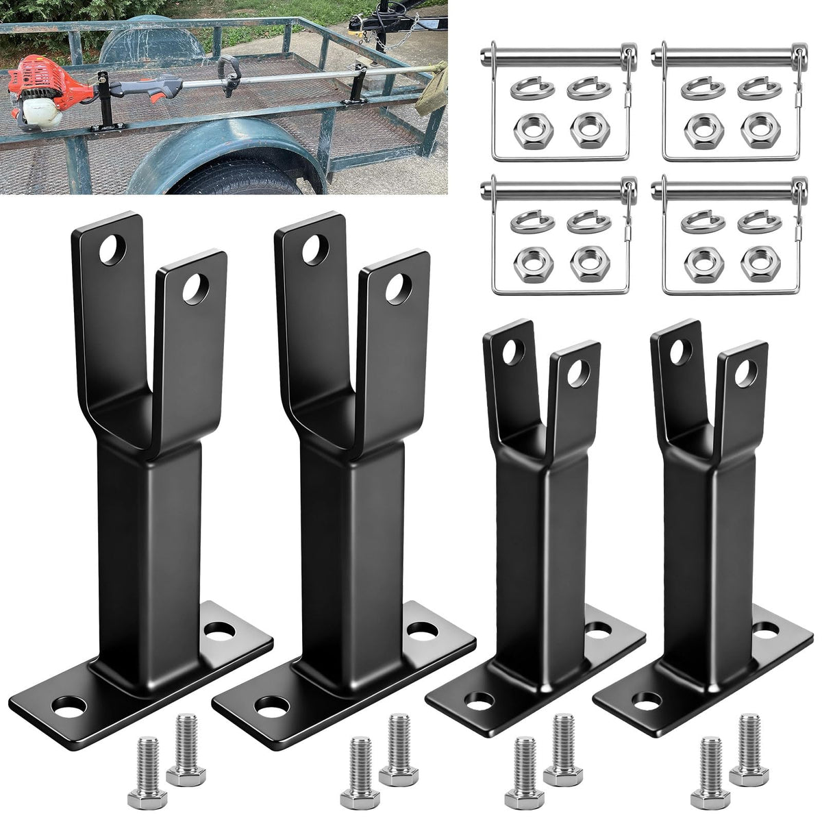 AMTHKNO trimmer rack side view showing secure trailer mounting for transport.