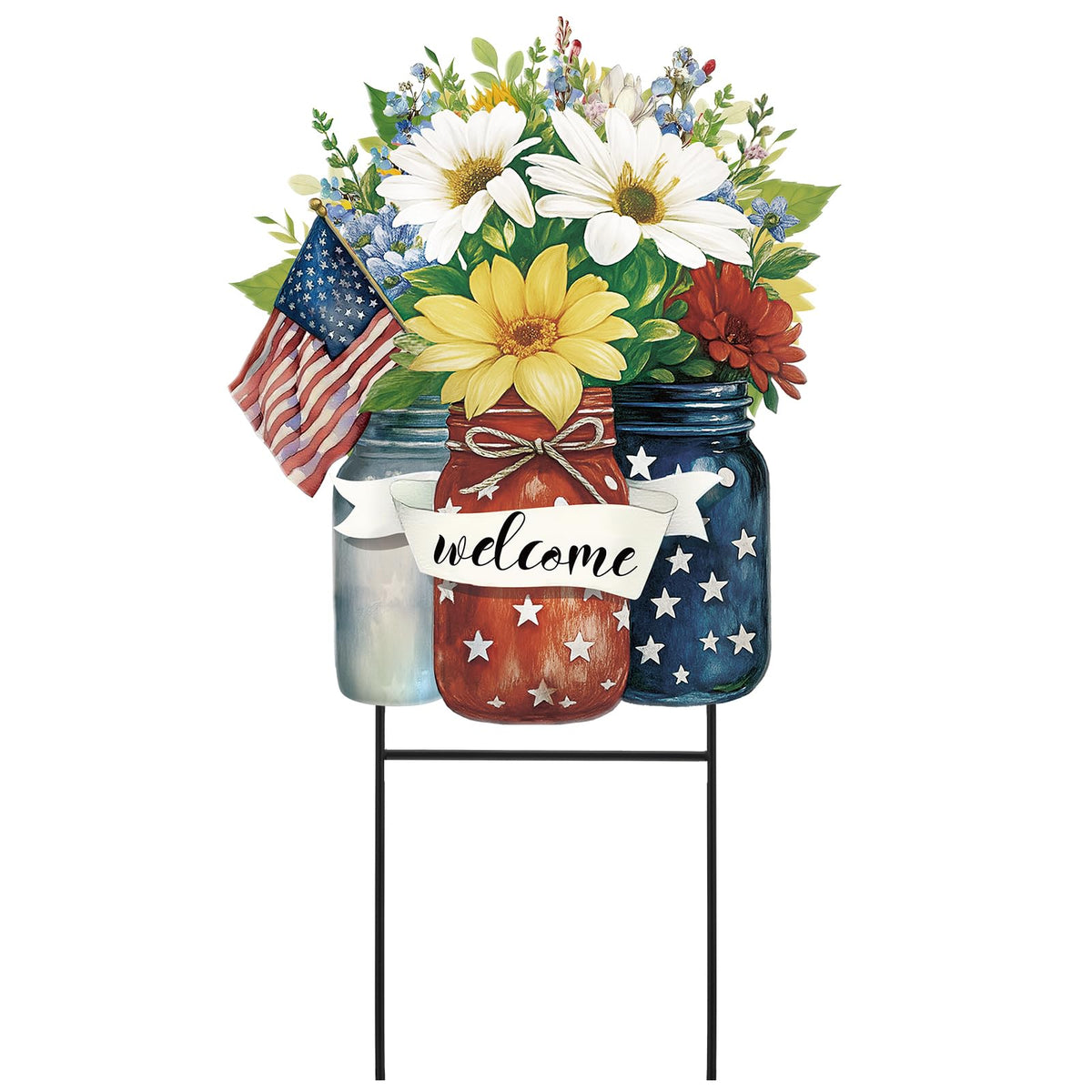 Amyhill 4th of July garden stake with patriotic mason jars for outdoor welcome display