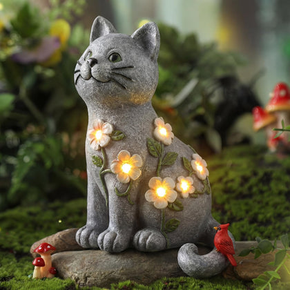 Amyhill cat solar light statue with cardinal flower illuminates your garden at night