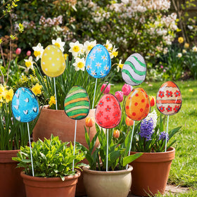 Amyhill Easter egg planter stake in flower bed adds seasonal charm