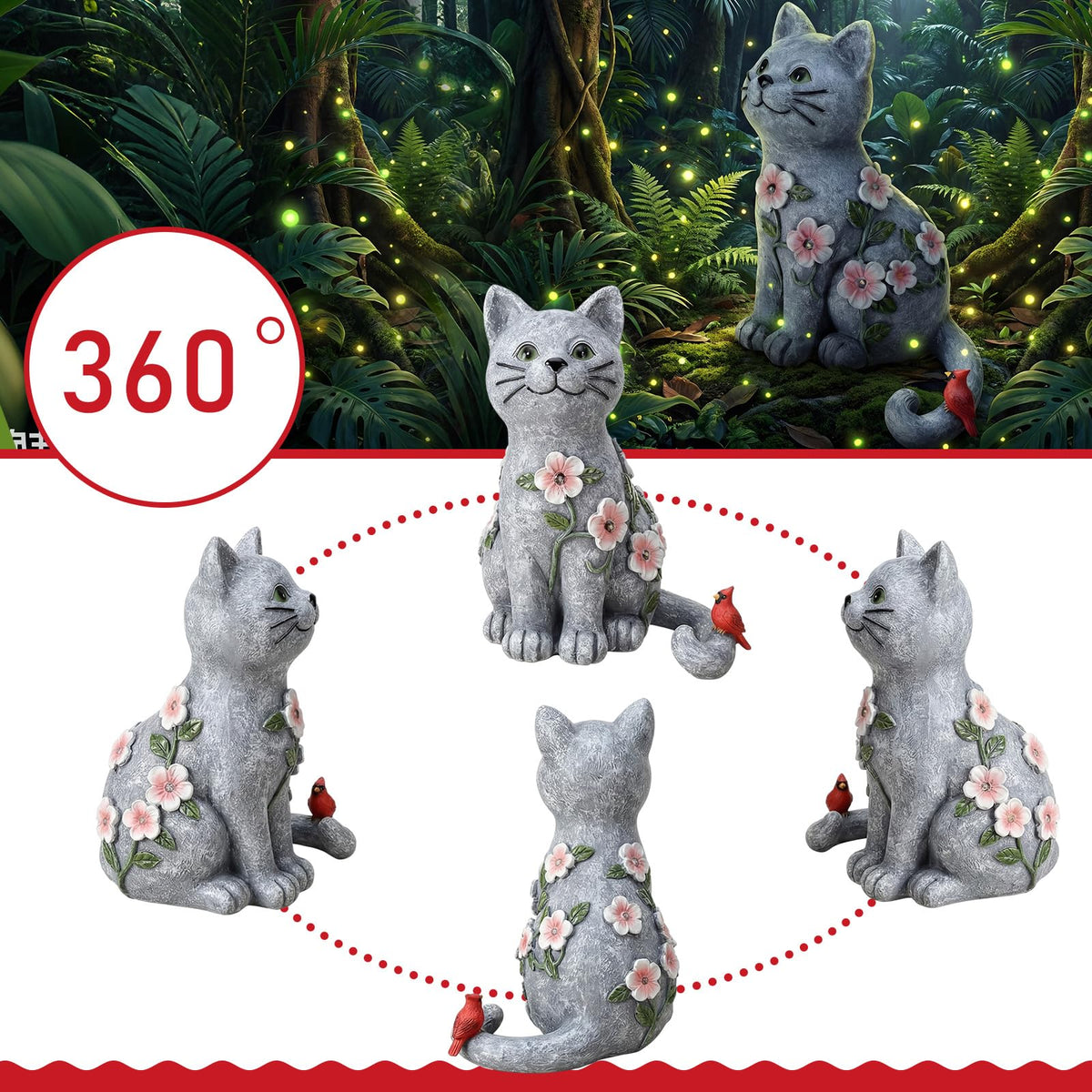 Amyhill gray resin cat sculpture featuring cardinal bird for durable outdoor decor