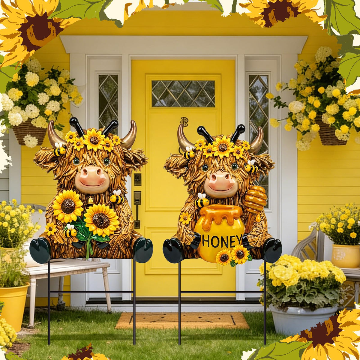 Amyhill Highland Cow bee sunflower stake adds seasonal cheer to yard
