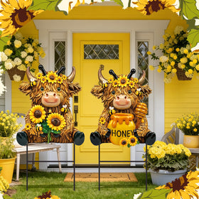 Amyhill Highland Cow bee sunflower stake adds seasonal cheer to yard