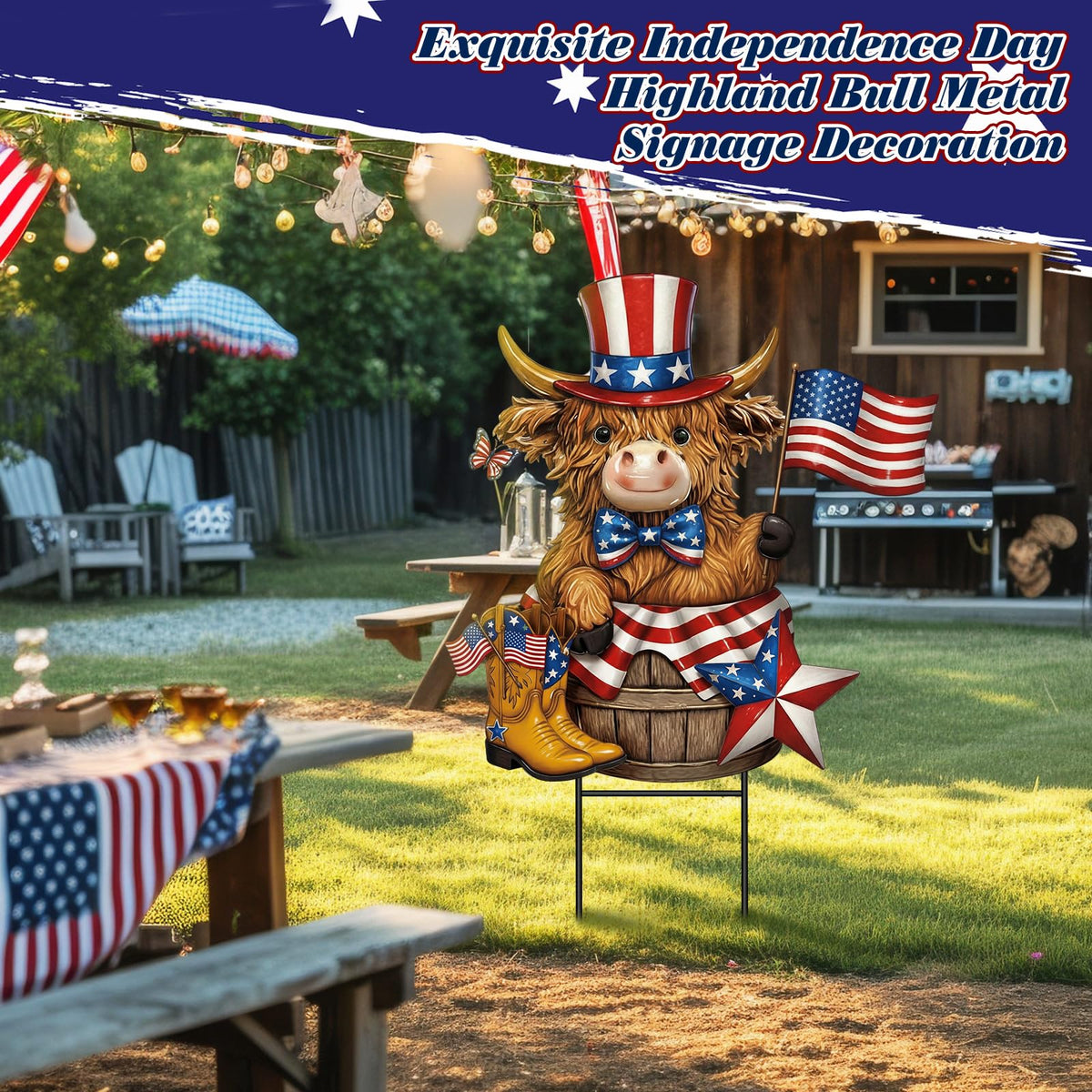 Amyhill Highland cow garden decor with Independence Day hat fits varied spaces.
