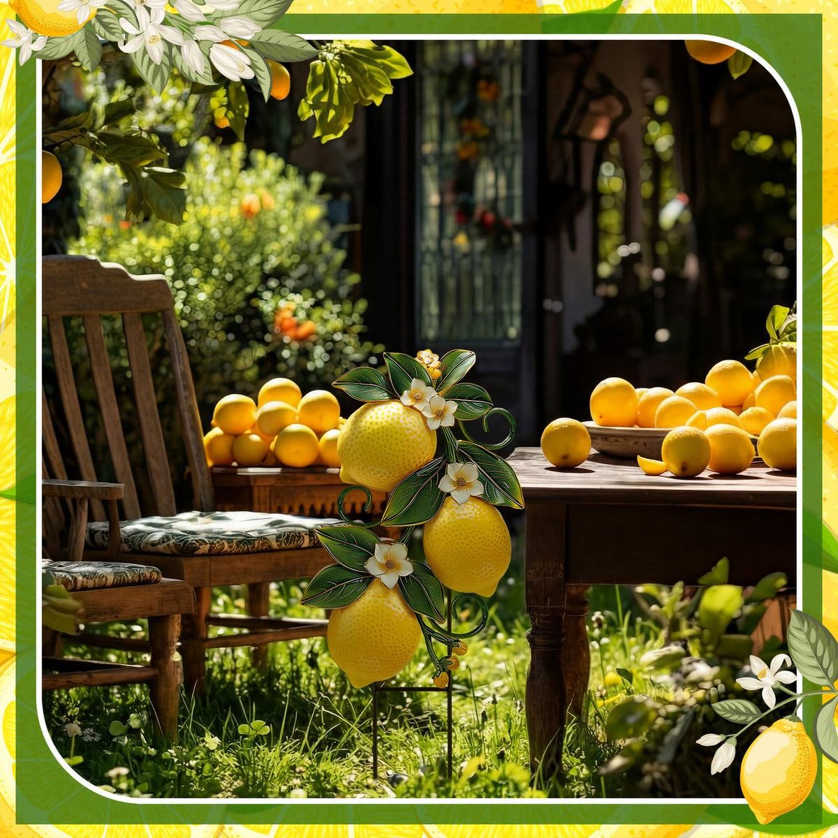 Amyhill lemon yard stake enhances garden aesthetics during summer.
