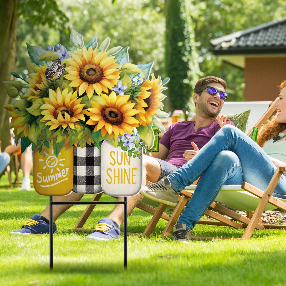 Amyhill mason bottle sunflower design enhances yard art and conversation