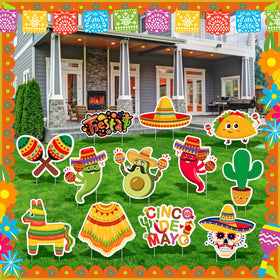 Amyhill Mexican yard sign collection enhances themed lawn decorations across the yard.