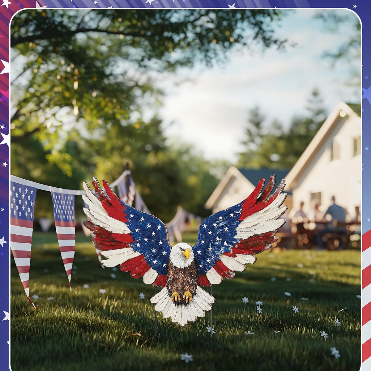 Amyhill outdoor eagle stake fits neatly among plants for bold statements.
