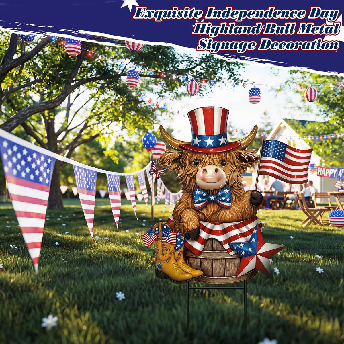 Amyhill patriotic Highland cow with star accents enhances yard decor for celebrations.